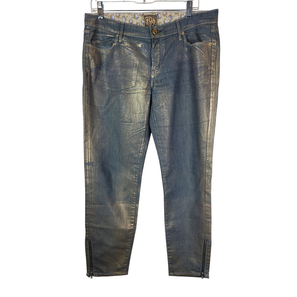 Rich & Skinny Rockabilly Gold Glitter Spray Effect Jeans Zippered Ankle 31x26.5